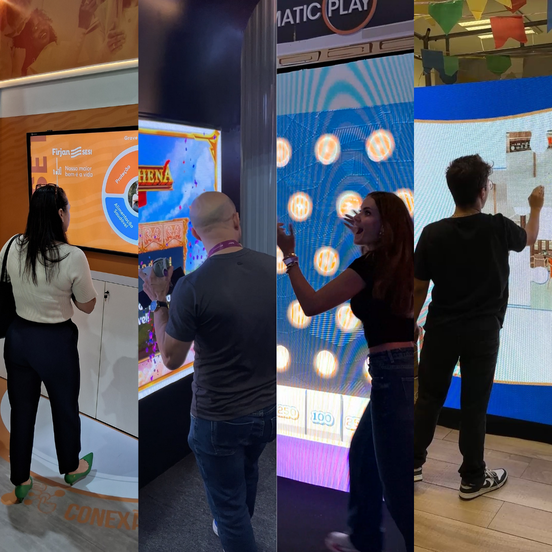 Jogos Interativos em Stands Corporativos com totens touch e jogos desenvolvidos e customizados pela PlayOut para o estande com participantes engajados em telas touch screen da PlayOut.