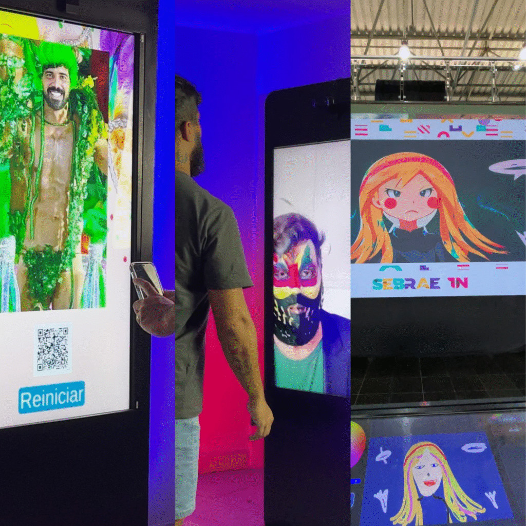 Aplicações com IA da PlayOut em eventos corporativos, com visitantes interagindo com totens digitais e câmeras